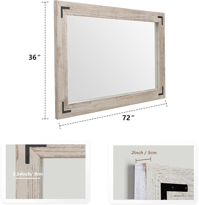 YOSHOOT Rustic Wooden Framed Wall Mirror, Natural Wood Bathroom Vanity Mirror for Farmhouse Decor, Vertical or Horizontal Hanging, 72" x 36", Grey