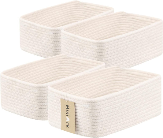 Small Storage Baskets for Organizing | Closet Organizer Bins | Shelf Toy Basket | Woven Rope Baskets | Cube Decorative Box | Shallow Basket | 13x8.5x5.1” | 4 Packs Off White