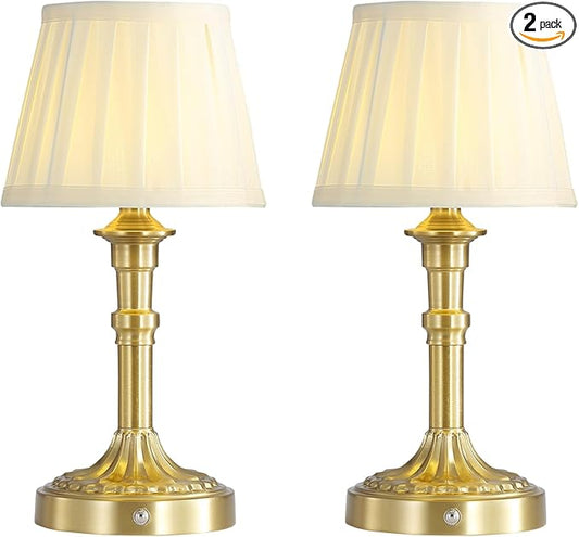 Portables Cordless Table Lamp Set of 2, Fabric Shade Des Lamps,5200mAh Battery Operated,3 Color Stepless Dimming Up,for Restaurant, Bedroom, Camping, Bar, Coffee Shop, (Bronze)