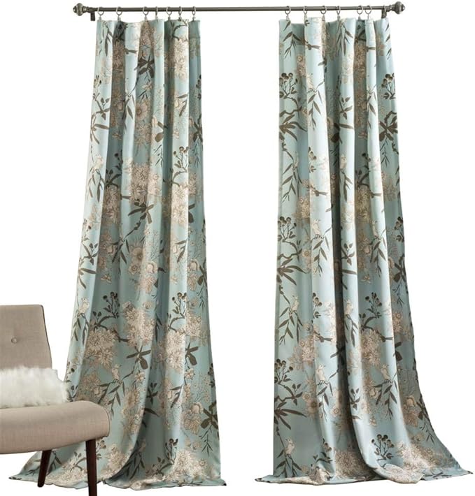 Lush Decor Botanical Garden Curtains Floral Bird Print Light Filtering Window Panel Drapes Set for Living, Dining, Bedroom (Pair), Blue, 52"W x 95L"