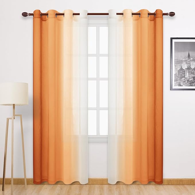 DWCN Faux Linen Ombre Sheer Curtains - Fall Gradient Semi Voile Curtains for Bedroom and Living Room, Set of 2 Grommet Top Window Curtain Panels, 52 Wide by 90 Inches Long, Sunset Orange