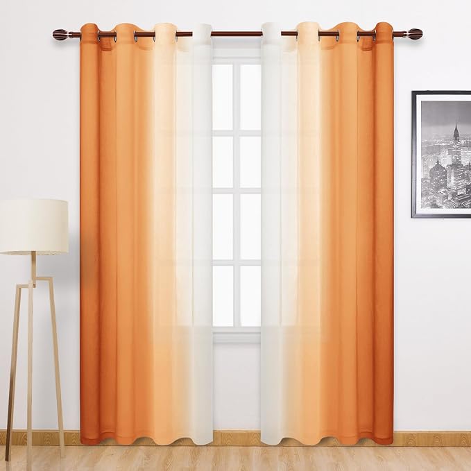 DWCN Ombre Faux Linen Sheer Curtains - Extra Long Gradient Semi Voile Light Filtering Grommet Top Bedroom and Living Room Curtains, 52 x 102 Inches Long, 2 Panels, Sunset Orange