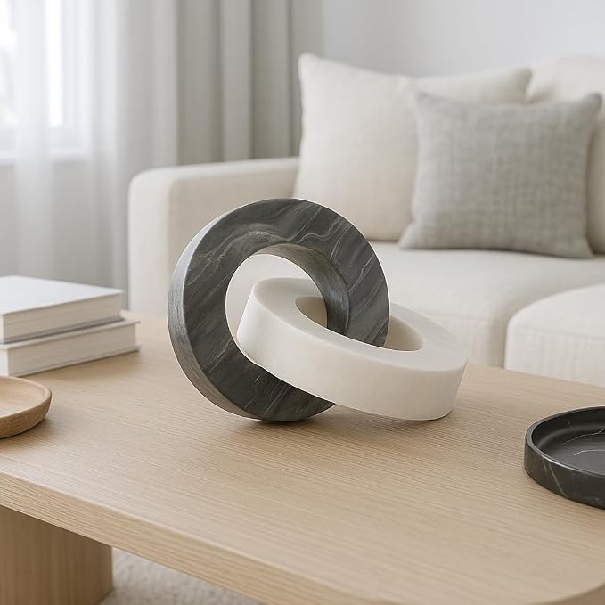 Home Decor and Bathroom Decor Marble Double Ring – Modern Shelf Sculpture and Office Accents for Room Styling – Coffee Table Ornaments and Living Room Decor Statues Design – 6", White & Black