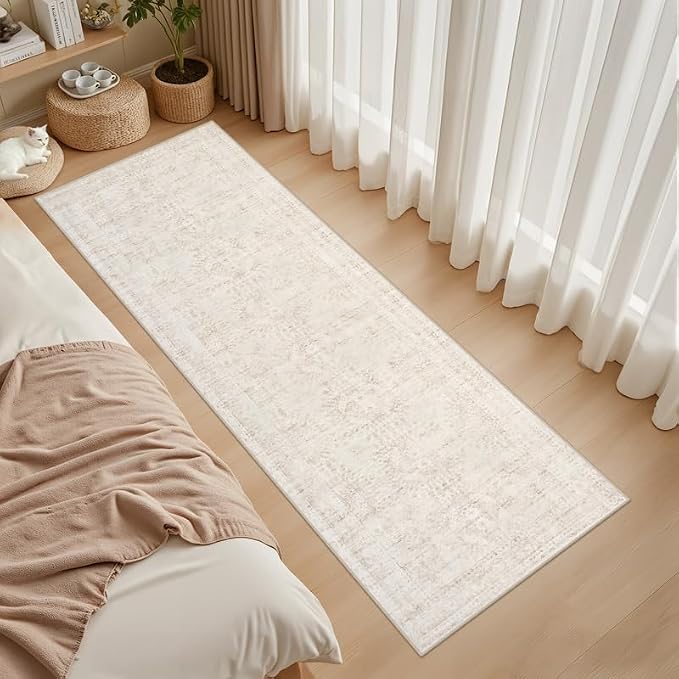 2'6''x8' Hallway Washable Runner Rug: Vintage Boho Neutral Kitchen Rug Soft Small Area Rug Indoor Floor Non-Slip Low Pile Carpet for Farmhouse Entryway Laundry Bathroom Bedroom Beside Rugs Beige