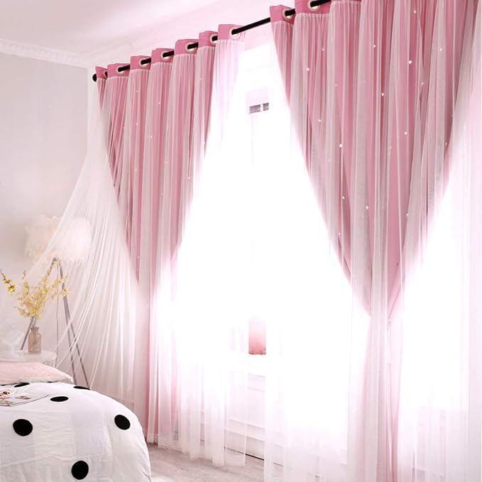 UNISTAR 2 Panels Stars Blackout and Sheer Curtains for Bedroom Girls Kids Baby Room, Double Layer Star Cut Out Living Room Window Curtain, W34 x L63 Inch Length, Pink