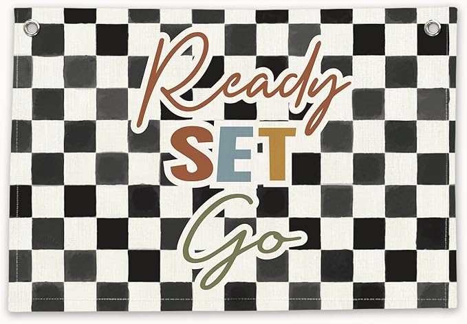 RTXLEZM Race Car Room Decor for Boys, Ready Set Go Canvas Banner | Trendy Checkered Race Car Room Wall Hanging for Toddler Boys Nursery Bedroom Playroom Decor, 20x30 Inch