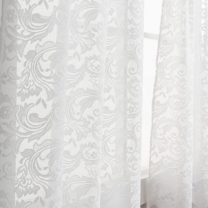 ALIGOGO Lace Kitchen Curtains 36 inches Length 2 Panels - Retro White Kitchen Window Curtains Over Sink Lace Curtain Short for Small Window Bathroom Window Cabinet Laundry Room Decor 26W x 36L