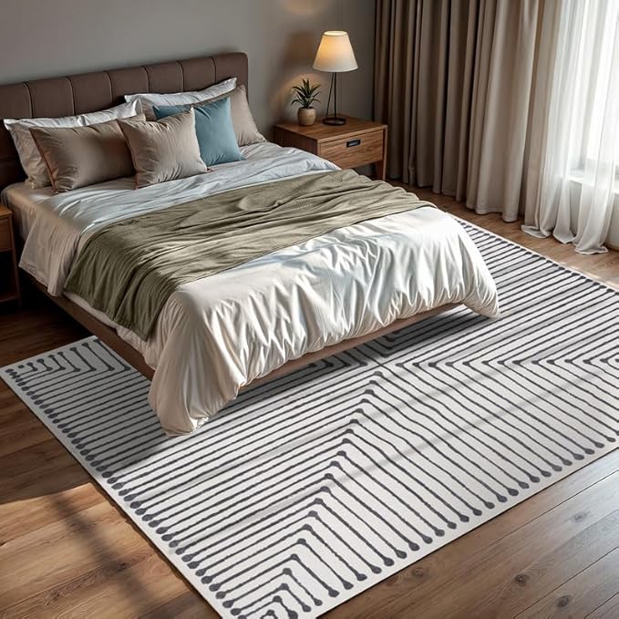 GLN Rugs Contemporary Collection - Machine Washable Area Rug, Contemporary Washable, Non Slip, Low Pile Chenille Rug, Living Room, Bedroom, Kitchen Rug (4' x 6' Black Beige)