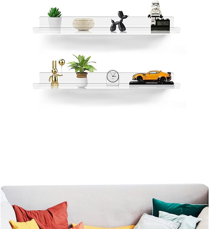 ROYALITA 24 Inches Acrylic Floating Book Shelves Wall Mounted Set of 2, Wall Hanging Plant Display Shelves, Room Decor Floating Wall Shelves for Gaming Room, Bedroom, Living Room, Office, Clear