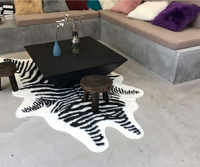 Zebra Print Rug Faux Animal Cowhide Skin Area Rug Leather Carpet Mat Large Size for Home Office Livingroom 5.2'x3.9'