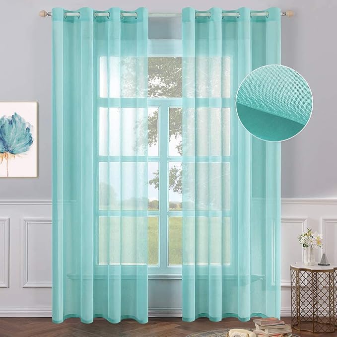 MIULEE 2 Panels Turquoise Semi Sheer Window Curtains Elegant Grommet Top Window Voile Drapes/Treatment Aqua Blue Linen Textured Panels for Bedroom Living Room Decor (54X84 Inches)