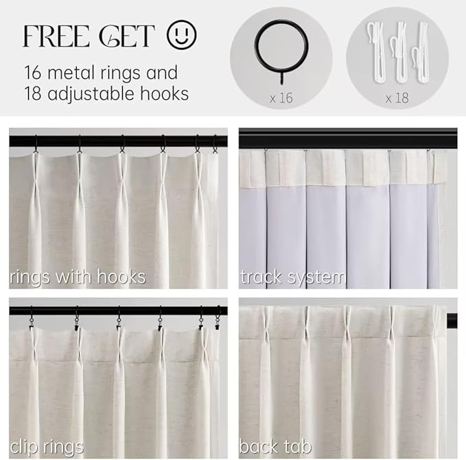 96 inch Long Natural Pinch Pleated 100% Blackout Curtains,Luxury Linen Curtains with Hooks for Patio Large Window Living Room Track System for Bedroomm,Thermal Insulated Drapes 1 Panel 60"Wx96"L