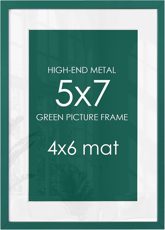 5x7 Dark Green Picture Frame for 4x6 Photo, Aluminum Frame, Dark Green | Deep Green Metal Wall Frame for Gallery, Desk, or Gift Giving | Shatterproof Glass & Wall Kit, Minimalist