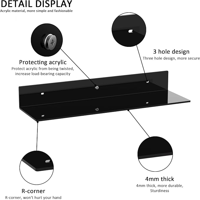 Sezanrpt 20 Inches Acrylic Wall Shelves 2 Pack, Floating Shelf for Wall Mounting, Acrylic Display Ledges for Funko Pop Figures, Home Décor, Living Room, Gaming Room, Plants(20 inch, Black)