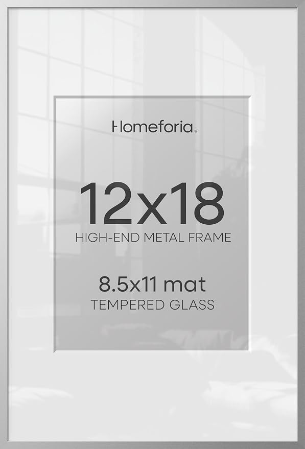 Homeforia 12x18 Silver Frame, High End Metal 12 x 18 Picture Frames with Mat 8.5 x 11 Photo, 18x12 Silver Poster Frame Matted to 11x8.5 Print, 18by12 Hanging Frames, Tempered Glass, Wall Kit, Set of 2