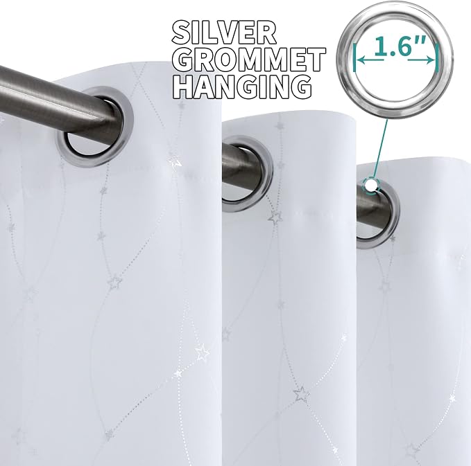BGment Star & Lines Pure White Room Darkening Curtains 84 Inch Length 2 Panels Set, Thermal Insulated Privacy Grommet Window Drapes for Kids Boys Bedroom, 52 x 84 Inch