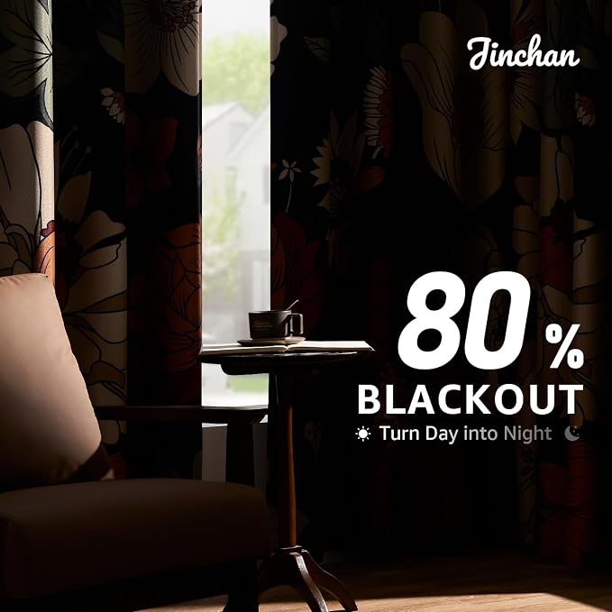 jinchan Lora Floral Curtains for Bedroom Blackout Drapes for Living Room Darkening Fabric Vintage Black Boho Flower Pattern Fall Decor Window Curtains 96 Inches Length 2 Panels with Grommet