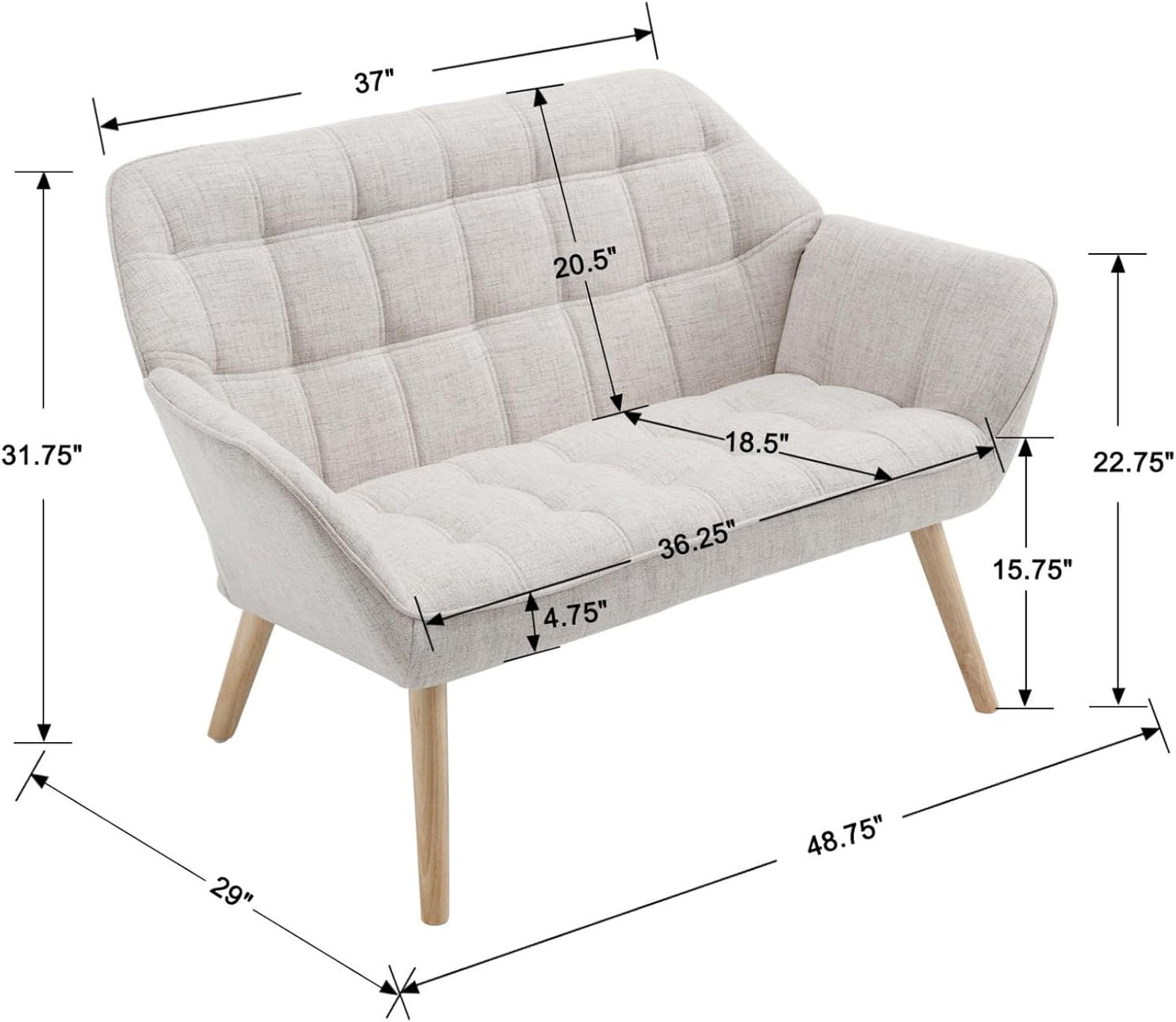 48”Small Loveseat Sofa, Modern Linen Upholstered Mini Couch 2-Seater Fluffy Love Seat with Quilting Backs and Wood Legs for Small Space Living Room, Bedroom, Beige