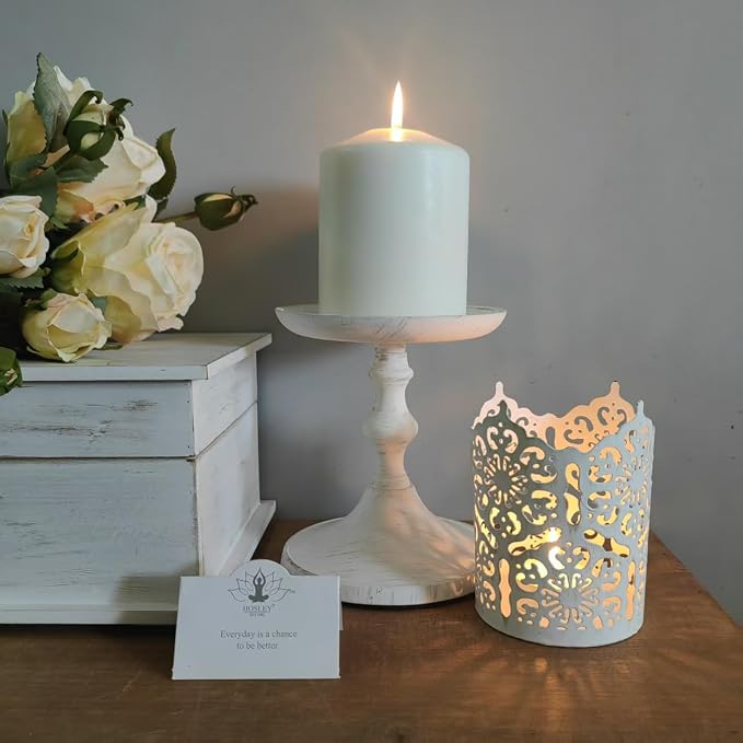 Hosley Aluminum Metal Decorative Pillar Candle Holder White Wash Finish Set of 2 for Candles or Display, 5Inch High - Ideal for Weddings, Parties, Events, Home Decor, Gifts, Elegant
