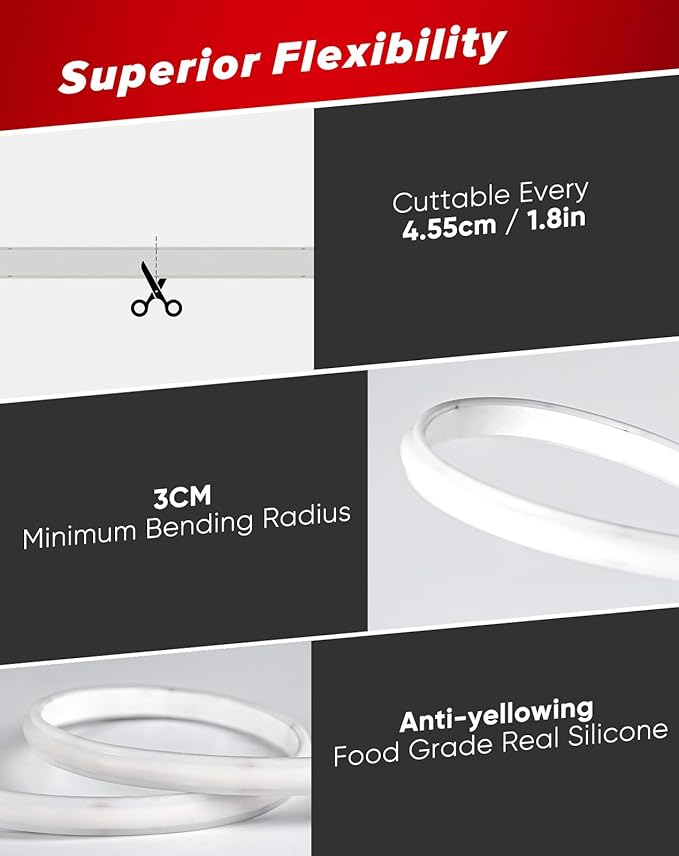 Shine Decor COB LED Rope Light AC 120V, 800lm Ultra Bright, IP65 Waterproof Cold-Resistant ETL Neon Strip, No Driver Tape Lighting for Home Commercial 10x4.5mm, 6000K Cool White, 32.8ft