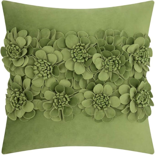 JWH Handmade 3D Flower Throw Pillow Covers Aesthetic Decorative Floral Accent Pillow Cases Stereo Velvet Pillowcase Cute Cushion for Car Bed Couch Bedroom Decor 18x18 Inch Green