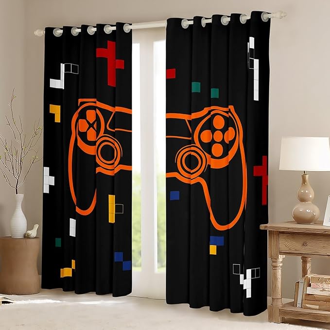 Feelyou Kids Gamer Window Curtains Geometric Gaming Darkening Drapes Game Blackout Curtains Boys Girls Gamepad Teens Window Treatments Bedroom Decor (2 Panels, 38 x 54 Inch)