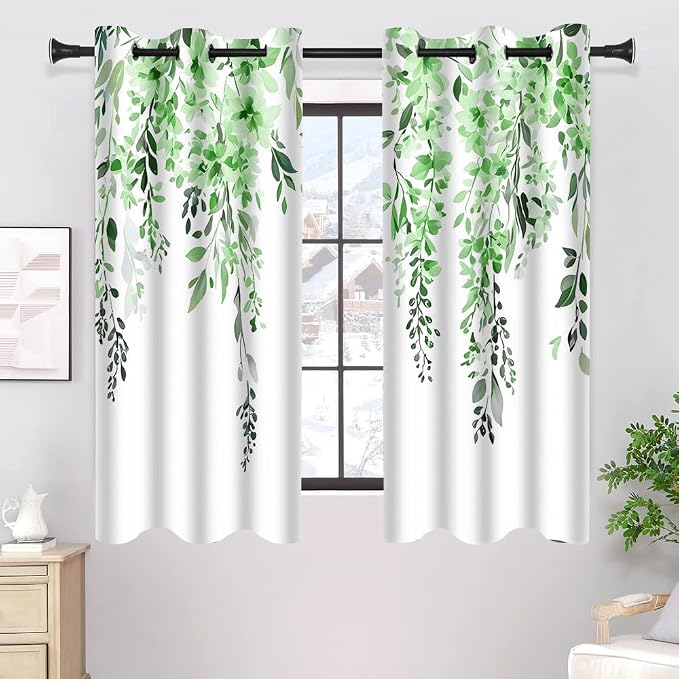 Green Watercolor Floral Curtains, Botanical Leaves Vine Flowers Curtain, Rustic Farmhouse Flower Leaf Blackout Window Treatment Drapes for Bedroom Living Room 42x63 inch, 2 Panels
