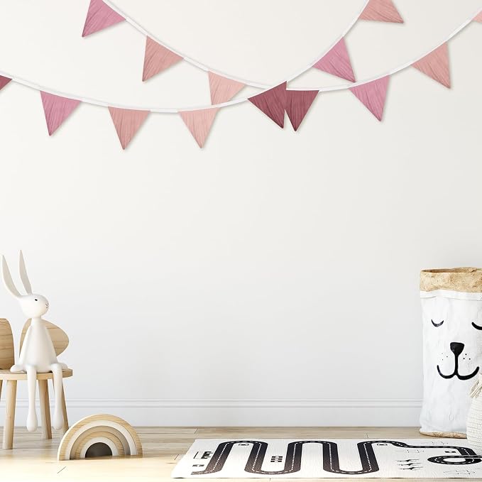 Oudain 2 Pcs Pennant Banner Flags Nursery Garland Triangle Bunting Flags Playroom Wall Decor Banner for Nursery Baby Shower Birthday Boho Wedding Party Event, Each 7.75 ft(Pink Color)
