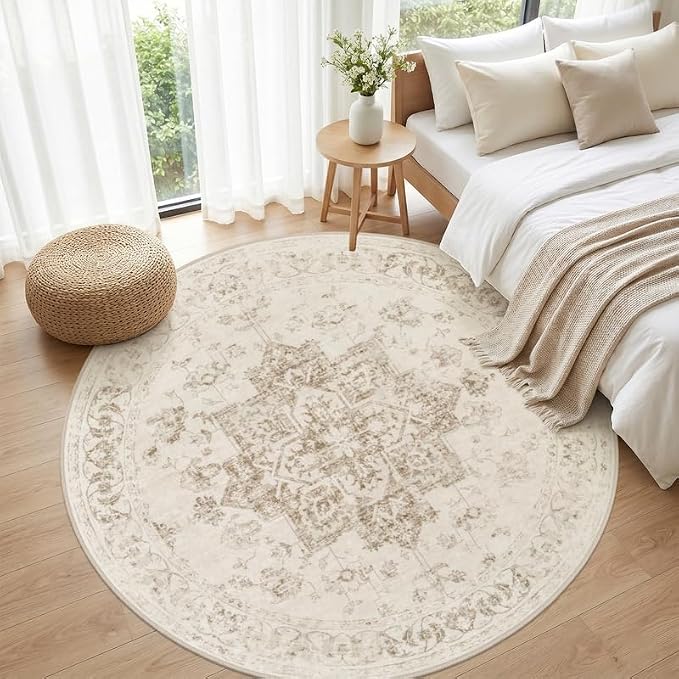 Round Area Rug for Living Room: 6ft Vintage Boho Neutral Washable Circle Rug Soft Large Circular Carpet for Bedroom Nursery Farmhouse Dining Room Office Floor Non-Slip Low Pile Under Table Beige/Ivory