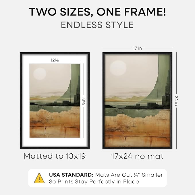 Homeforia 17x24 Picture Frame Black Wood, High End Oak 17x24 Poster Frames with Mat 13x19 Photo, 17 x 24 Wooden Frame Matted to 13 by 19 Print, 24x17 Hanging Frames, Tempered Glass, Wall Kit, Set of 2