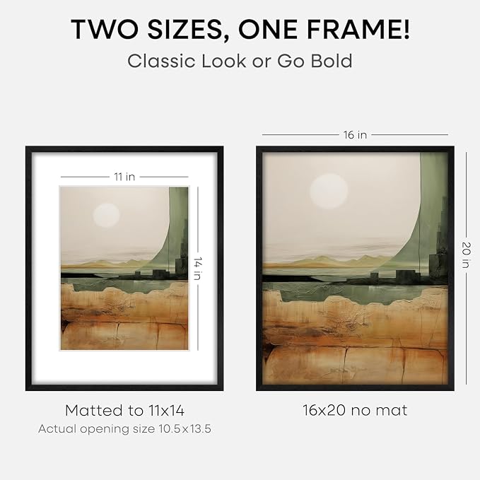Homeforia 16x20 Black Wood Frame, High End Oak 16x20 Picture Frames with Mat 11x14 Photo, 16 x 20 Wooden Poster Frame Matted to 11 by 14 Print, 20x16 Hanging Frames, Tempered Glass, Wall Kit, Set of 3