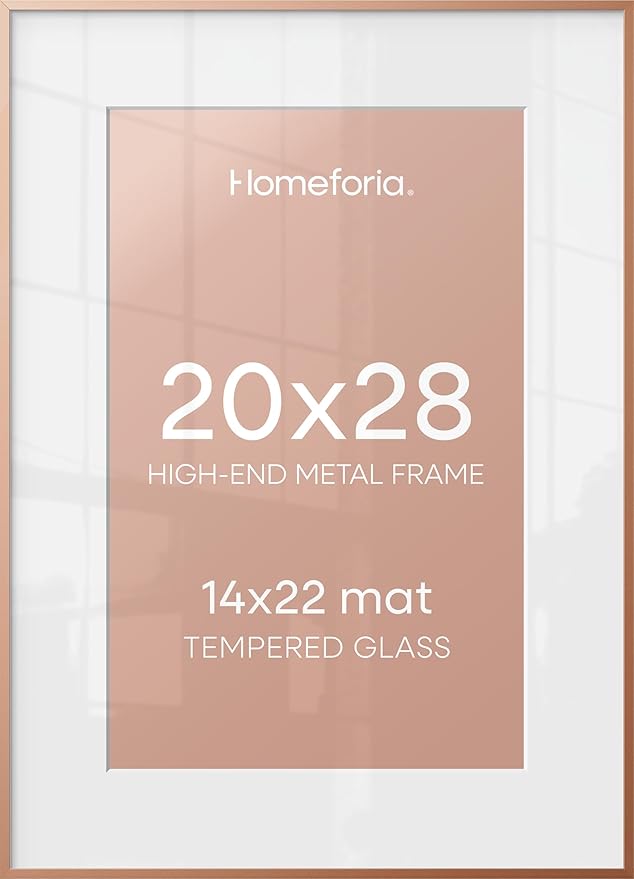 Homeforia 20x28 Frame Rose Gold, High End Metal 20x28 Poster Frames with Mat 14x22 inch Photo, 20 x 28 Rose Gold Picture Frame Matted to 14 by 22 Print, 28x20 Frame, Tempered Glass, Wall Kit, Set of 1