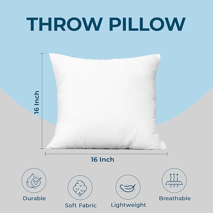Utopia Bedding Throw Pillows (Set of 1, White) – 16 x 16 Inches Down Alternative Pillows for Bed, Sofa, and Couch - Fluffy Decorative Stuffer Pillow for Indoors & Outdoors