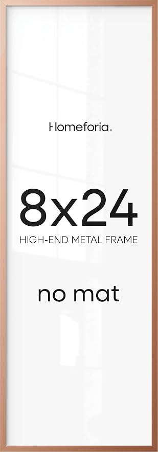 Homeforia 8x24 Panoramic Frame Rose Gold, High End Metal 8 x 24 Picture Frames without Mat, 24x8 Hanging Rose Gold Poster Frames for Wall, 8by24 Display Photo Frame, Tempered Glass, Wall Kit, Set of 1