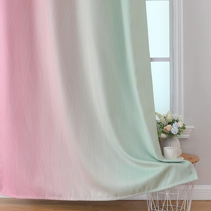 Estelar Textiler Sage and Pink Blackout Curtains 45 Inch Length, Light Blocking Gradient Drapes for Bedroom, Thermal Insulated Grommet Ombre Curtains for Bathroom,52Wx45L,2 Panels