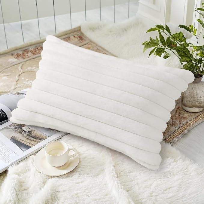 decorUhome Fall Cozy Faux Fur Throw Pillow Covers 12x20 Set of 2 Decorative Soft Plush Striped Lumbar Modern Farmhouse Boho Couch Pillow Cases with Velvet Back for Sofa Bed Living Room, White