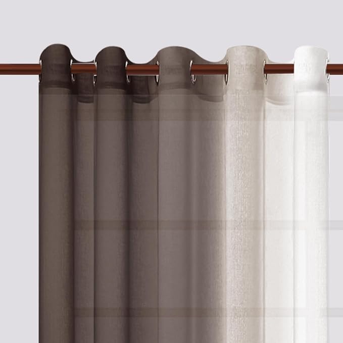 DWCN Ombre Faux Linen Sheer Curtains - Extra Wide Gradient Semi Voile Grommet Top Bedroom and Living Room Curtains, 60 x 63 Inches Long, Set of 2 Window Curtain Panels, Chocolate Brown