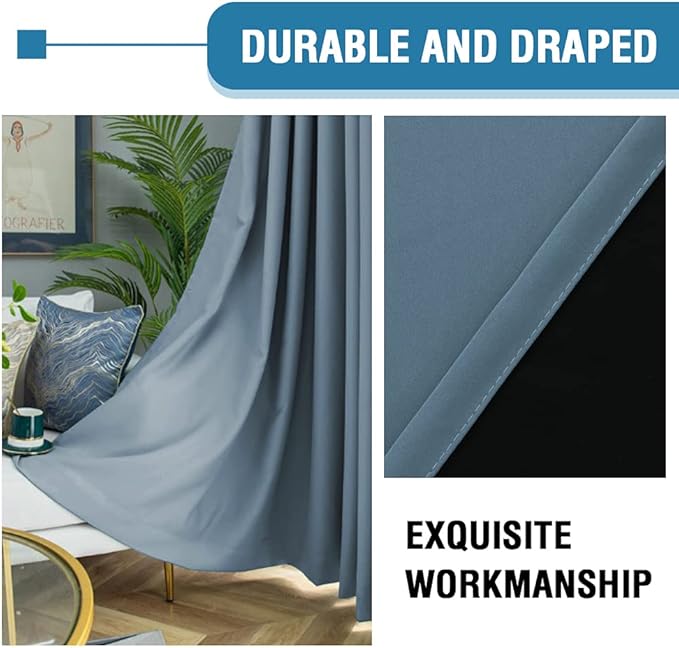 H.VERSAILTEX 100% Blackout Curtains for Bedroom Thermal Insulated Blackout Curtains for Living Room 63 Inches Long Rod Pocket Curtains with Black Liner 2 Panels Set, Stone Blue