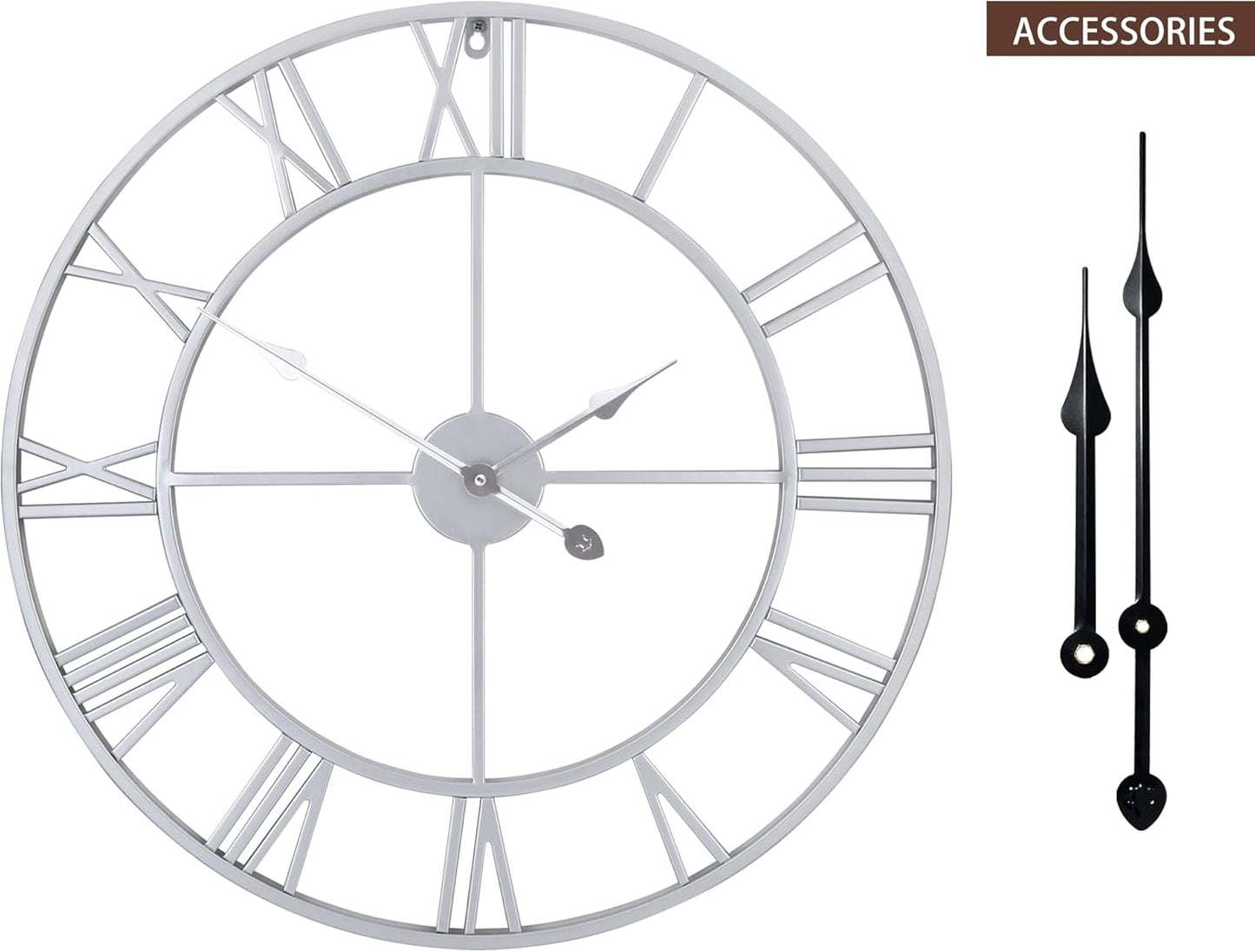 LEIKE 18.5" Modern Large Wall Clocks,Vintage, Round,Silent Non Ticking,Battery Operated,Silver Metal Roman Numerals Clock for Living Room/Bedroom/Kitchen Decor