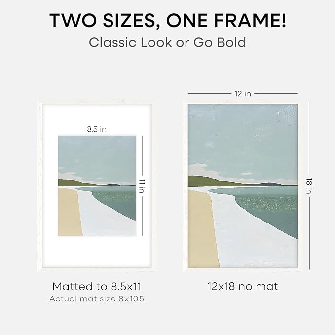 Homeforia 12x18 Frame White Wood, High End Oak 12x18 Poster Frame White with Mat 8.5x11 Print, 12 x 18 Wooden Picture Frames Matted to 8.5 by 11 Photo, 18x12 Frames, Tempered Glass, Wall Kit, Set of 2