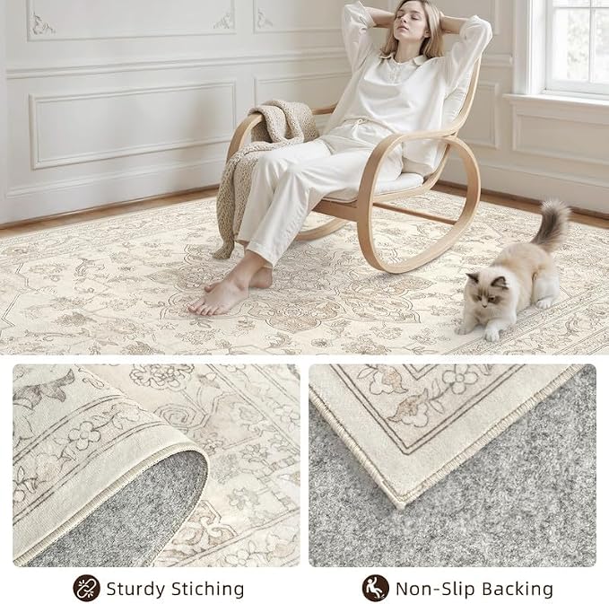 Round Area Rug for Living Room: 8ft Vintage Boho Neutral Washable Circle Rug Soft Large Circular Carpet for Bedroom Nursery Farmhouse Dining Room Office Floor Non-Slip Low Pile Under Table Beige White