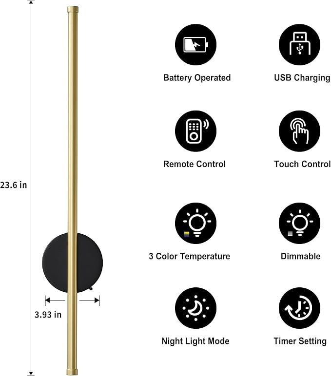 Battery Operated Modern Wall Sconce Set of Two,Rechargeable Wireless Wall Lights with Remote Control,Dimmable,3 CCT,Cordless Lighting Fixtures for Bedroom,Living Room,Hallway,23.6 Inch,Black Gold