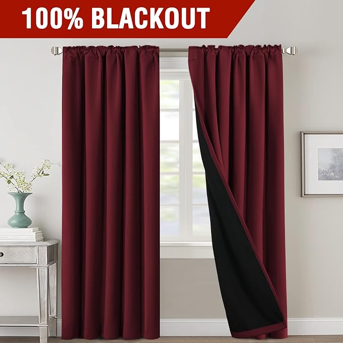 H.VERSAILTEX 100% Blackout Curtains for Bedroom with Black Liner Full Room Darkening Curtains 96 Inches Long Thermal Insulated Back Tab/Rod Pocket Window Drapes for Living Room, 2 Panels, Burgundy
