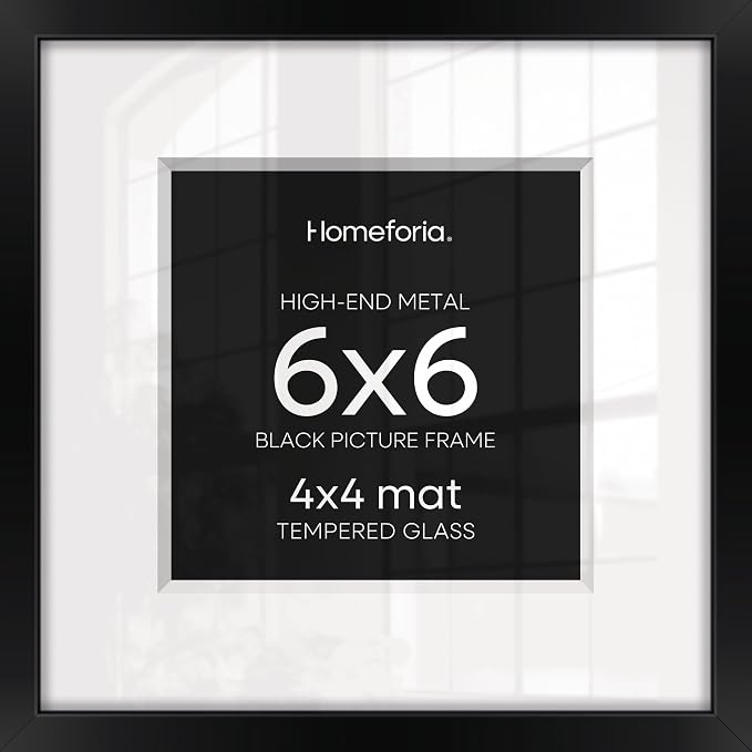 Homeforia 6x6 Black Picture Frame, High End Metal 6 x 6 Square Photo Frames with Mat 4 by 4, 6x6 Poster Frame Matted to 4x4 inch Print, 6by6 Wall or Tabletop Frames, Tempered Glass, Wall Kit, Set of 2