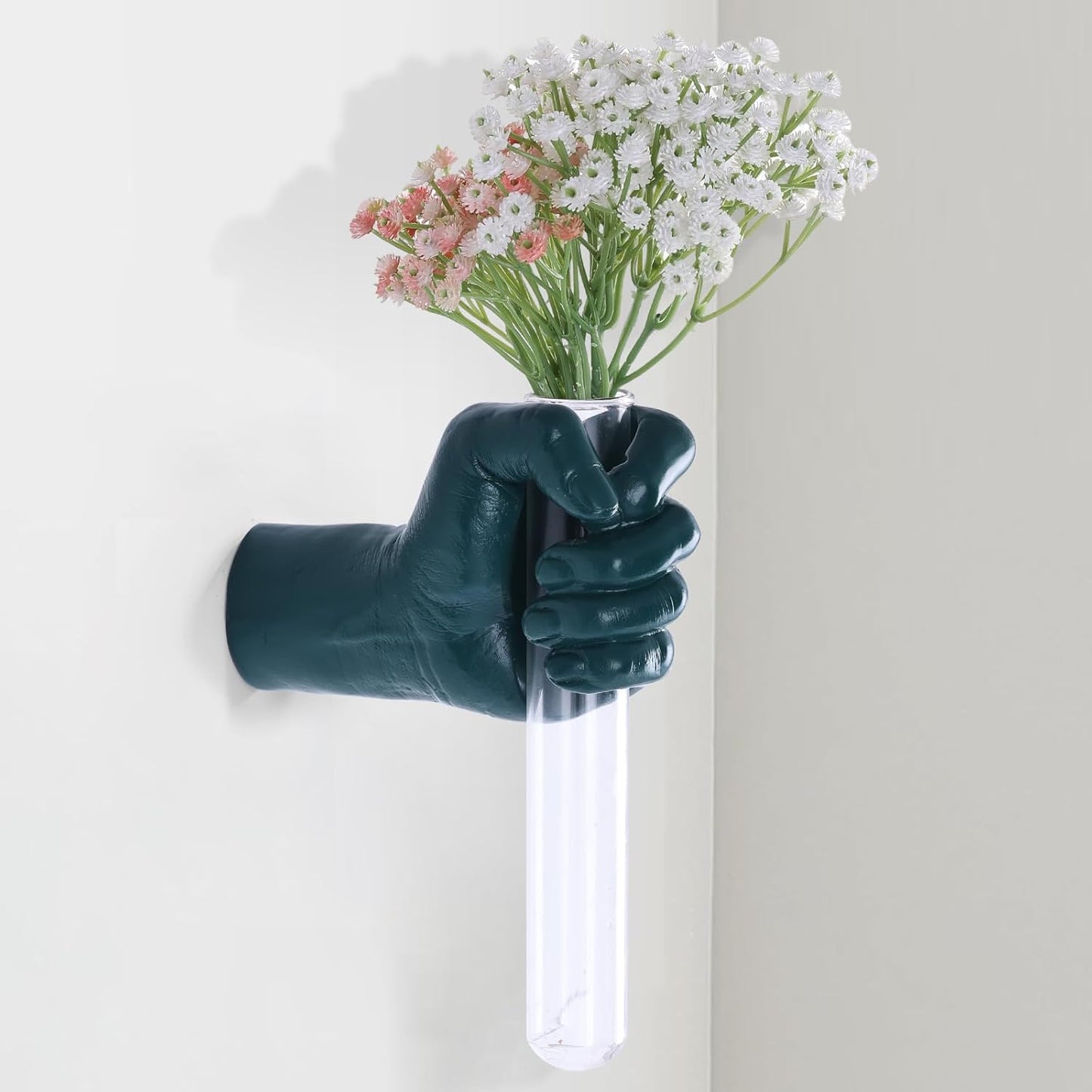 Green Wall Sculptures, Hand Vases Home Decor, Wall Mount Art Sculpture, Unique Wall Art Statue, Funky Flower Vase Decorations, Modern Eclectic Hanging Decor,Glass Test Tube Vase