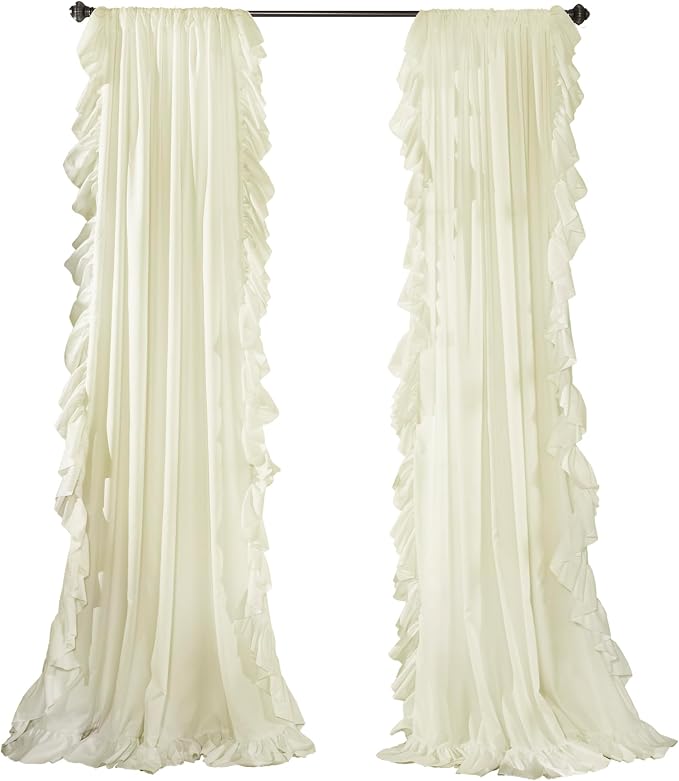Lush Decor Reyna Ruffle Window Curtain Panel Set, Pair, 54" W x 108" L, Ivory - Flowy Curtain Set - Romantic Ruffle Curtains for Bedroom, Living room, or Dining Room - Farmhouse & Cottage Home Decor