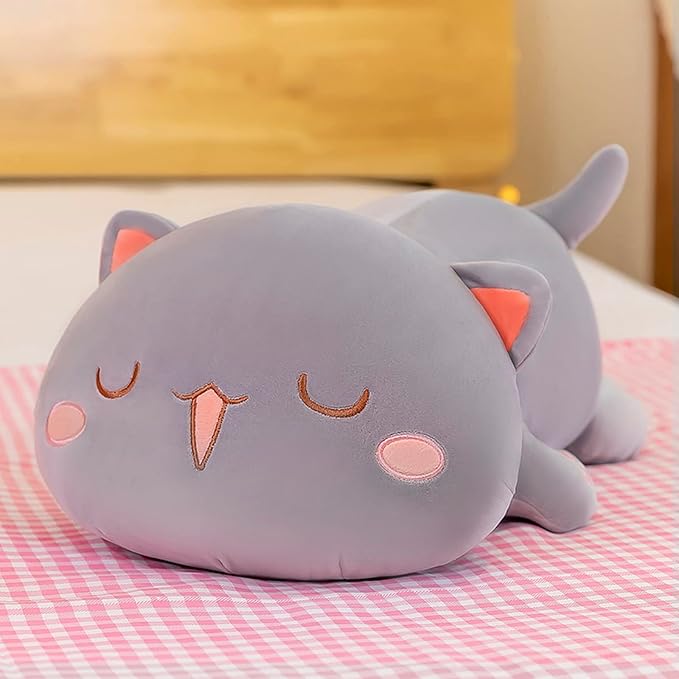 FUYU Cat Stuffed Animals, Soft Cat Plush Pillow Kawaii Kitten Stuffed Animal Toy Gifts for Kids Boys Girls Room Decor (Gray Squinted,27in/67cm)