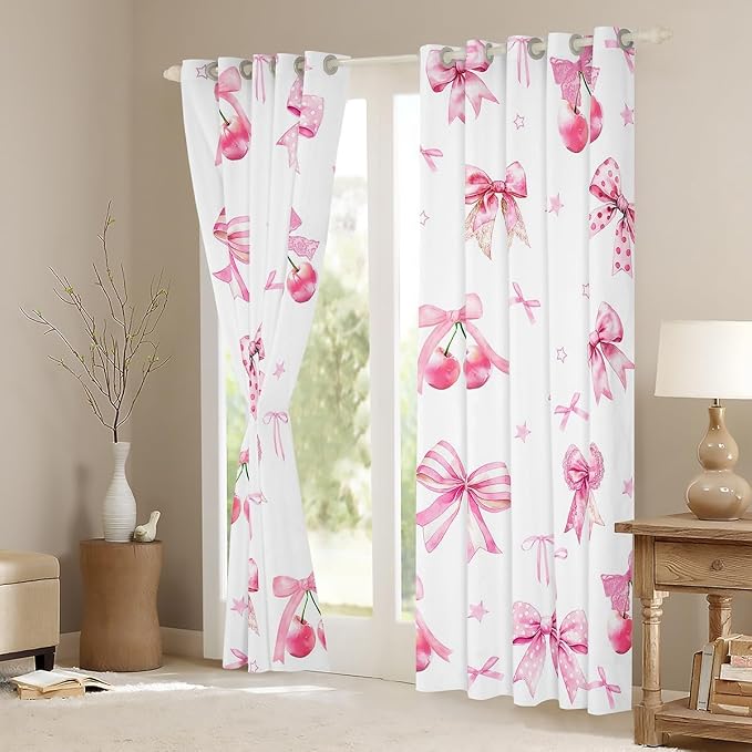 Erosebridal Pink Bow Kids Curtain Cherry Bow Girls 42" Wx63 L Window Curtain Cute Kawaii Bowknot Window Treatments Watercolor Star Ribbon Bow Tie 30%-50% Blackout Curtains for Bedroom