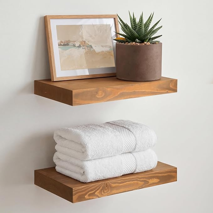 Homeforia 12 inch Golden Oak Floating Shelf, High End Solid Real Wood 12inch Small Floating Shelves for Wall Mounted, Oak Wooden 12in Floating Shelves, Heavy Duty Bracket, 12 X 6.5 X 1.75 in, Set of 2