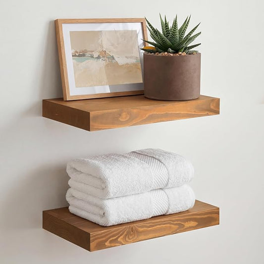 Homeforia 12 inch Golden Oak Floating Shelf, High End Solid Real Wood 12inch Small Floating Shelves for Wall Mounted, Oak Wooden 12in Floating Shelves, Heavy Duty Bracket, 12 X 6.5 X 1.75 in, Set of 2